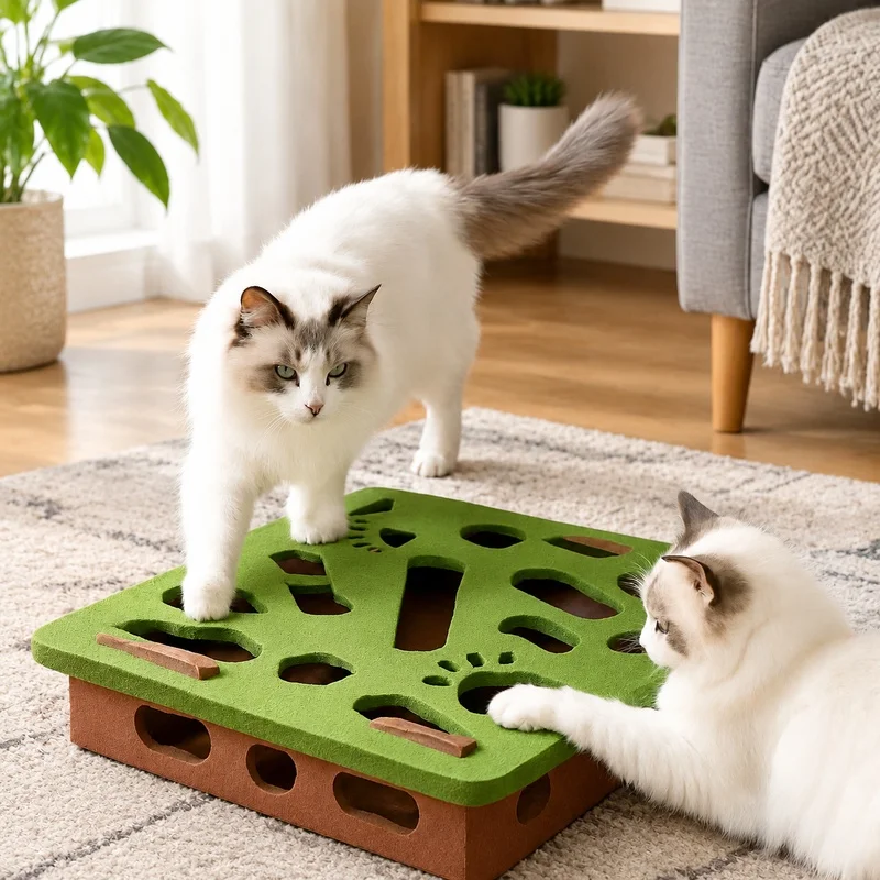 Cat Puzzle Play Mat with Bell Ball - Interactive Felt Toy for Kitten Entertainment