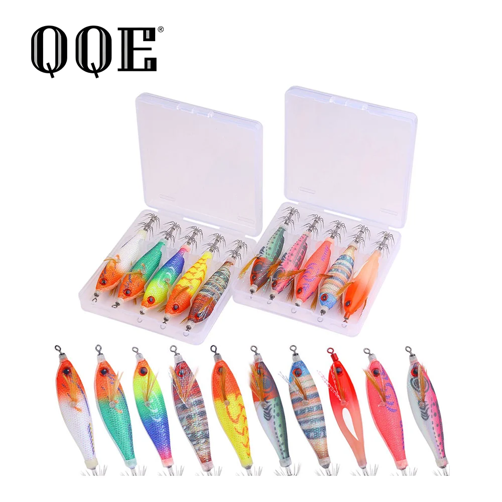 QQE Horizontal Egi Squid Jig Set 5pcs, Rainbow UV Luminous Glow Shrimp Lure for Night Saltwater Octopus Cuttlefish Eging