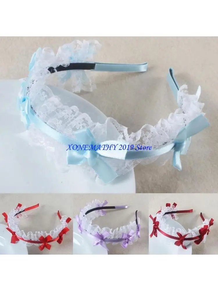 

F42F кружевной обруч для волос с оборками для девочек, головной убор с лентой и бантом, повязка на голову для косплея