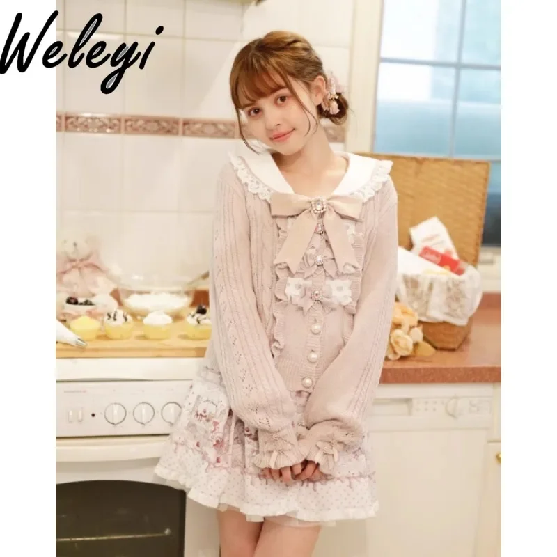 

Kawaii Women's Sweet Bow Sweater Knitted Sweater Autumn and Winter Cute Versatile Mine Lace Hollow Crew Neck Pearl Button Sueter