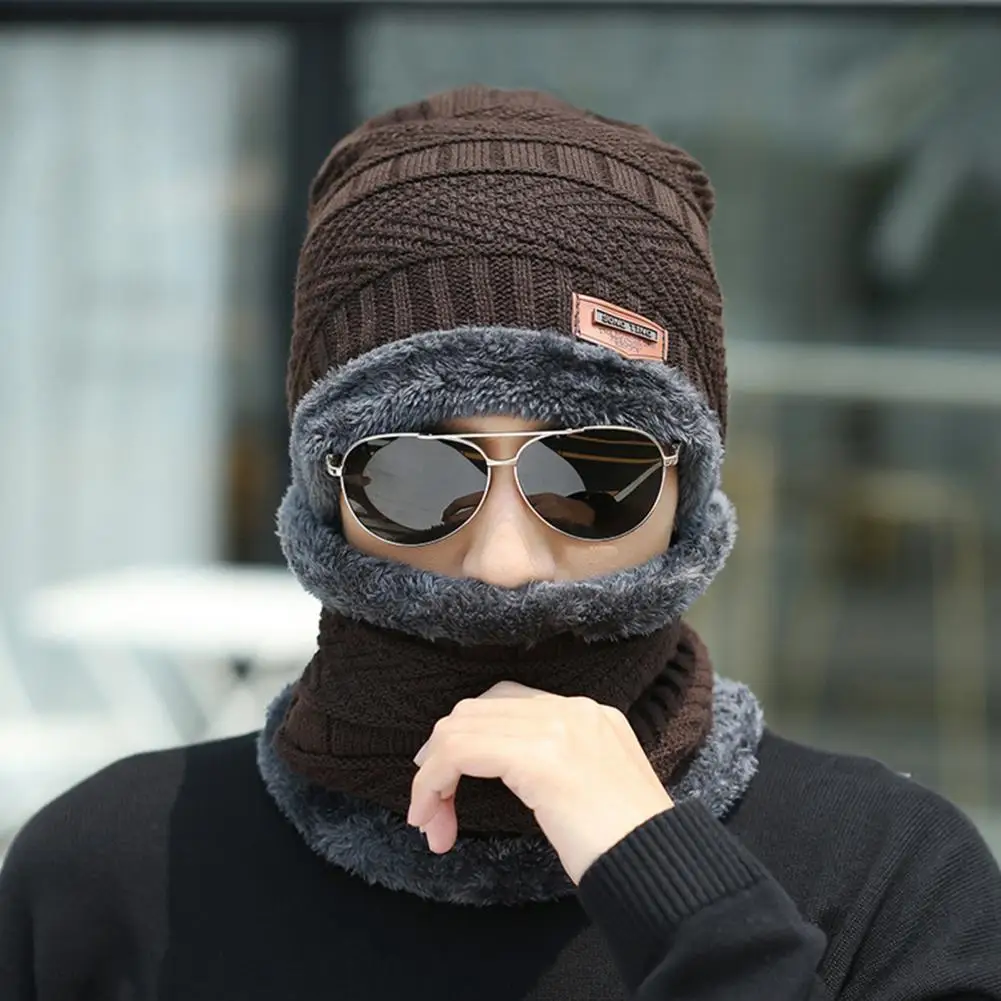 1 Set Men Winter Hat Scarf Gloves Set Thick Knitted Soft Warm Elastic Colorful Ear Protection Five Fingers Windproof Winter