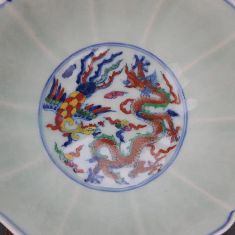 Ming Dynasty Xuande Mark Style Floral Dragon Phoenix Wucai High Foot Fruit Plate Replica Porcelain Home Decor