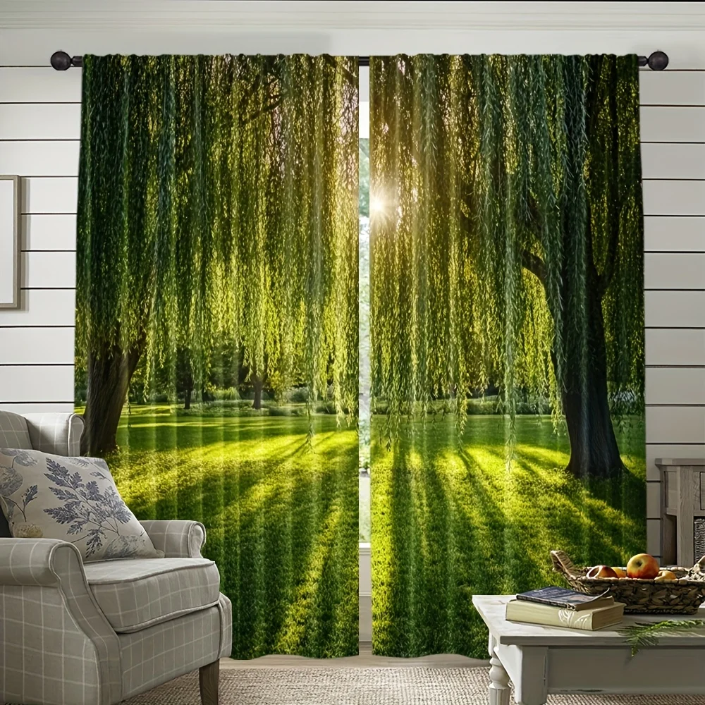 Realistic Green Willow Tree Curtain Sunlight Window Drapes for Living Room Home Decor