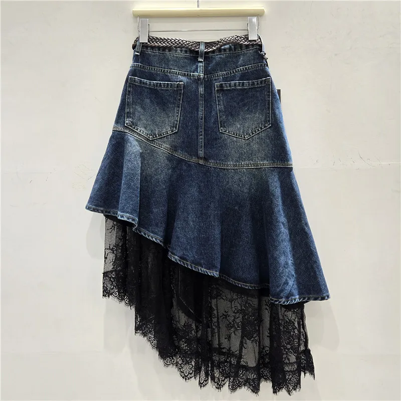 Sexy irregular renda emenda moda cintura alta a linha saia jeans menina outono versátil europeu americano personalidade saias