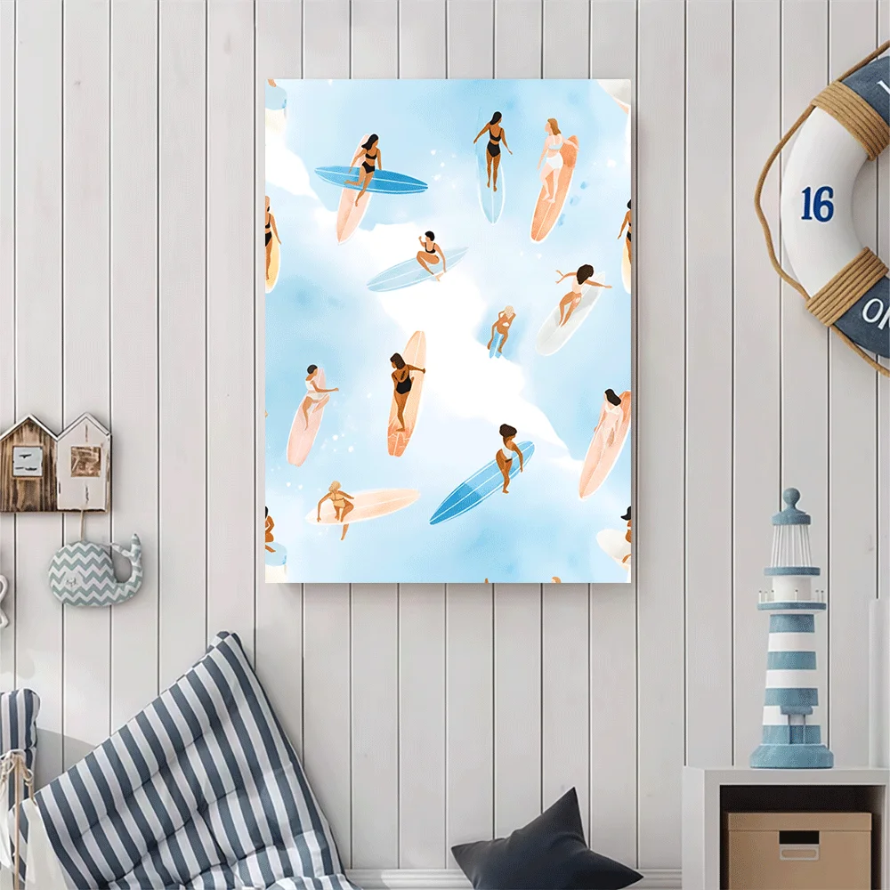 1PC-Canvas poster Unframed  Surfing Women Pattern Canvas Art Print Summer Vibes Beach Lifestyle Decor  summer
