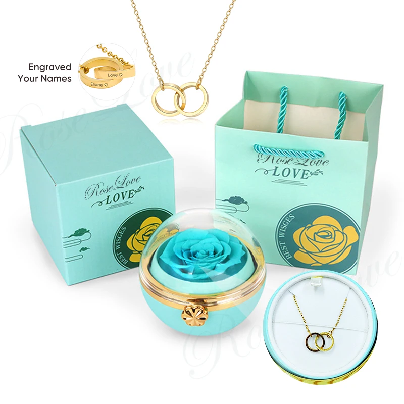 New Rounded Comer Rotating Eternal Rose Flower Jewelry Gift Box with Engraved Name Round Necklace Christmas Valentine's Day gift