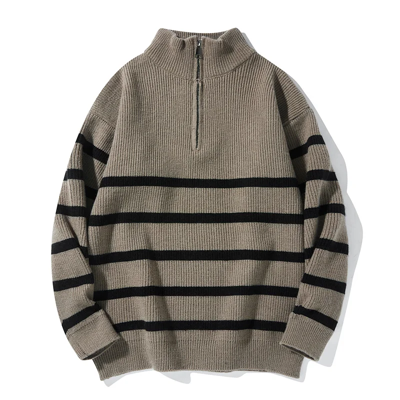 New Stripe Knitting Mid To High Collar Sweater Man Outdoors Autumn Winter Loose Versatile Fashion Retro Style Pullover Shirt Man