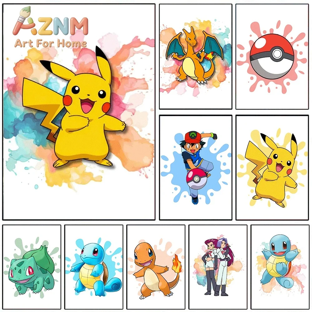 2D Flat Posters & Prints,Pikachu Watercolor Splash Canvas Wall Art,2D Flat Frameless Anime Monster Print,Home Decor for Kids B