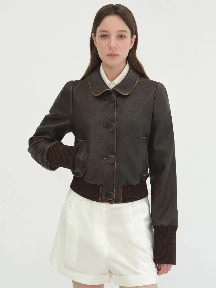 Vintage Kurze Echtes Leder Jacken für Frauen Frühling Herbst High-end-Einfache Schlank Einreiher Echt Schaffell Bomber Mantel