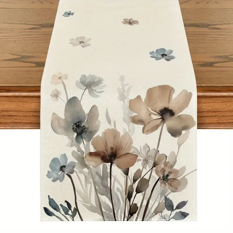 

Nordic Watercolor Floral Table Runner Beige Blue Flower Table Decor for Dining Room Kitchen Party Aesthetic Desk Runner XL