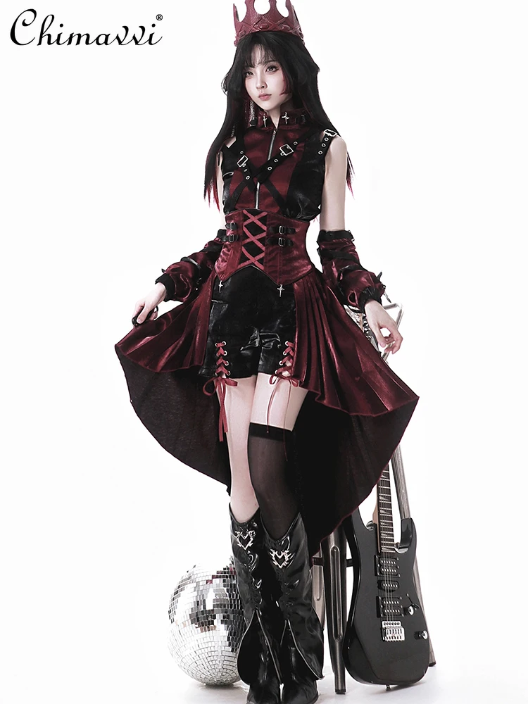 

Lolita Black and Red Skirt Sets Dark Girls Goth Cos Performance Clothing Subculture Punk Style Top Irregular Skirt Shorts Sets