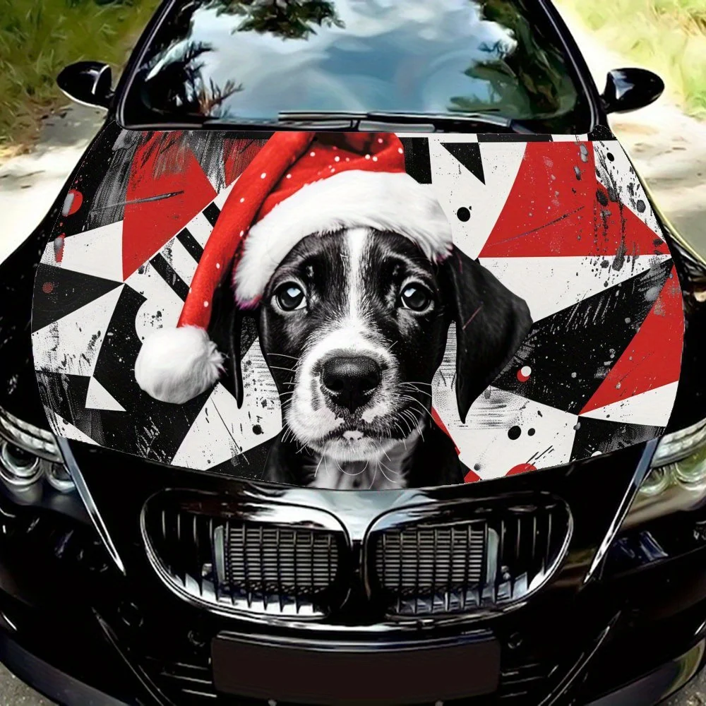 

Puppy in Santa Hat Car Hood Vinyl Wraps Decal, Unique Geometric Vibe Auto Exterior Protective Sticker, Waterproof Self-adhesive