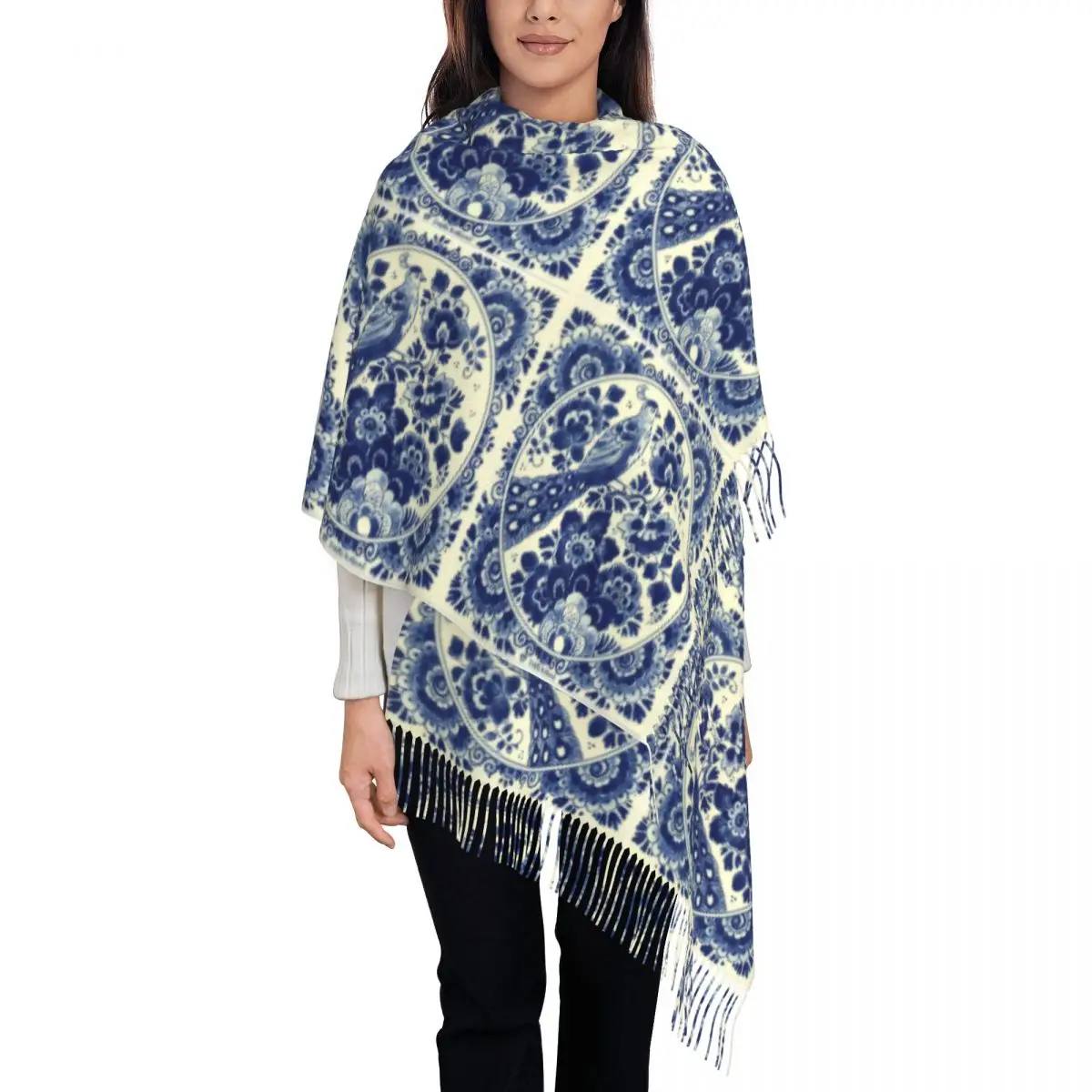 

Женские большие синие и белые шарфы из плитки, зима-осень, толстая теплая шаль с кисточками, шинуазри, цветы, птицы, фарфоровый шарф