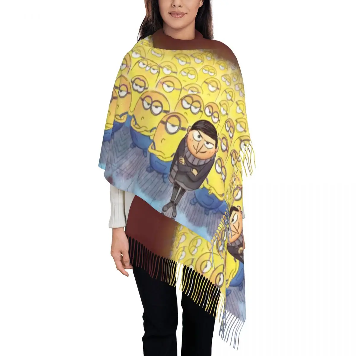 Custom Minions Cartoon Manga Tassel Scarf Women Winter Warm Shawls Wraps Lady Scarves