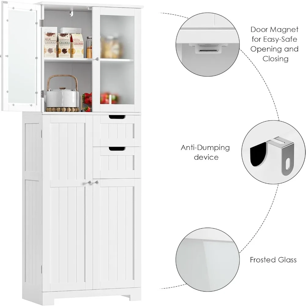 67'' Tall Storage Cabinet, Bathroom Storage Cabinet with Glass Doors and Shelves, Kitchen Pantry Cabinet with 2 Drawers