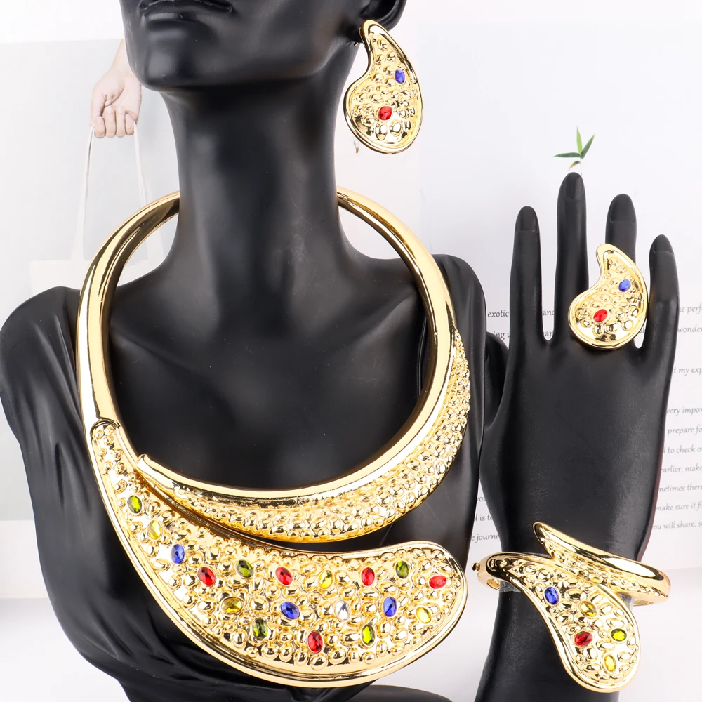 

Copper Jewelry Set India Dubai Jewelry Gold-plated Necklace Earrings Ring Bracelet Luxury Wedding Gift