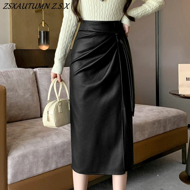 Lace-up Irregular PU Leather Skirt Women Autumn Winter New High-waisted Mid-length Skirt Femme Korean Fashion Clothing