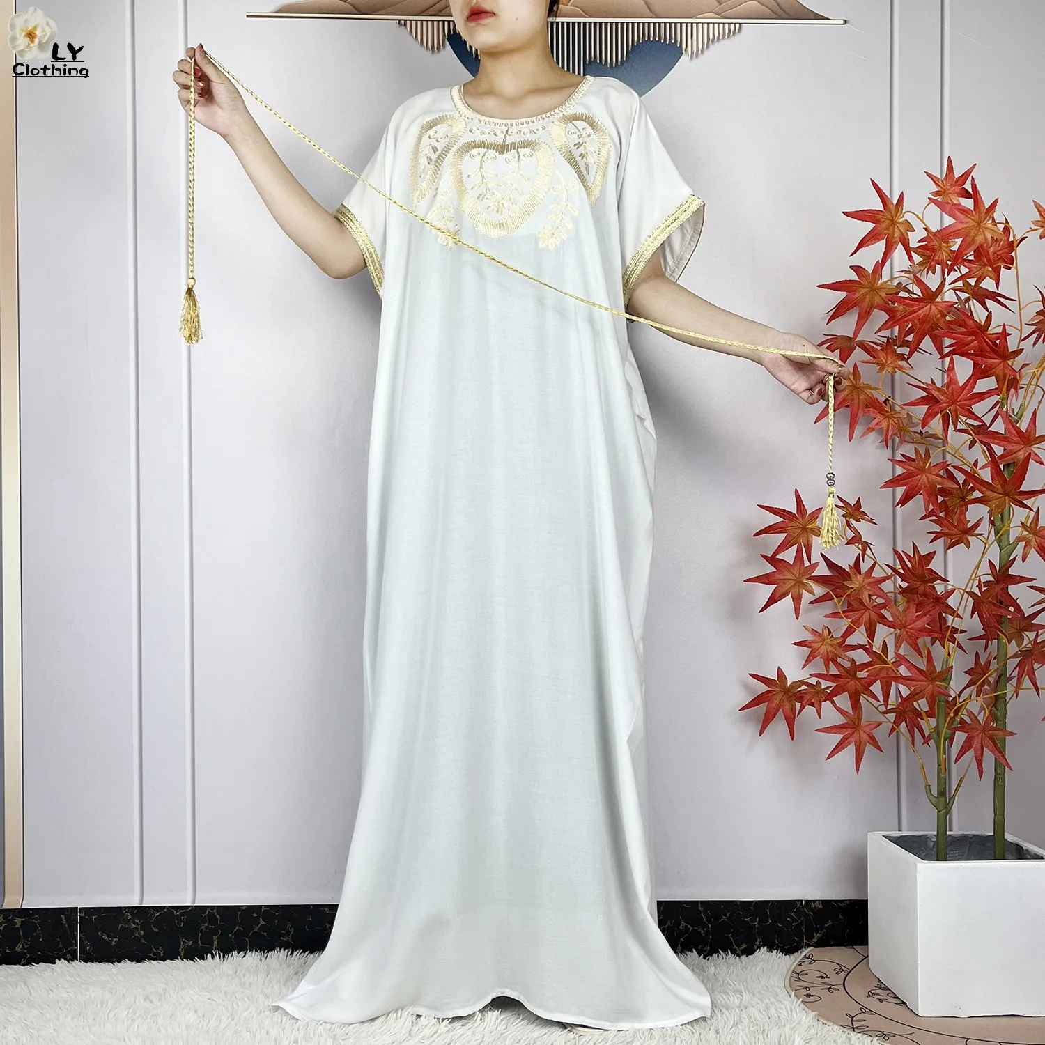 2024 New Summer Short Sleeve African Abaya Cotton Pure Color Embroidery Loose Woman Maxi Islam Tradition Dresses With Headscarf