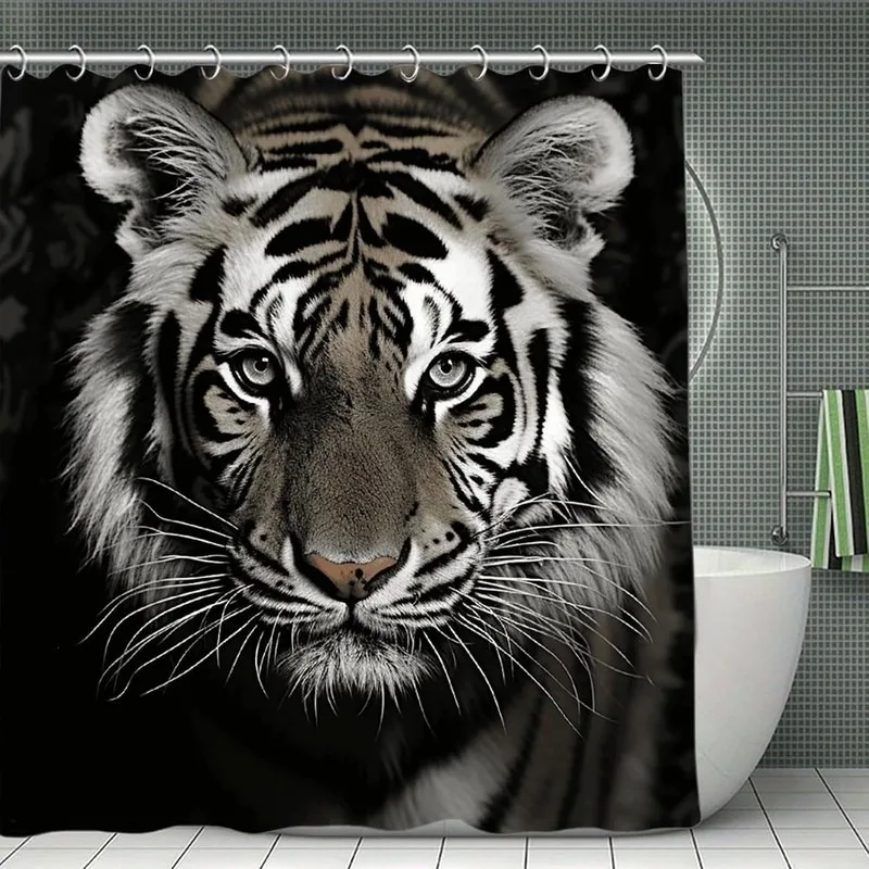 Black White Realistic Tiger Pattern Shower Curtain No Drilling Waterproof Bathroom Curtain Set with 12 Hooks Wild