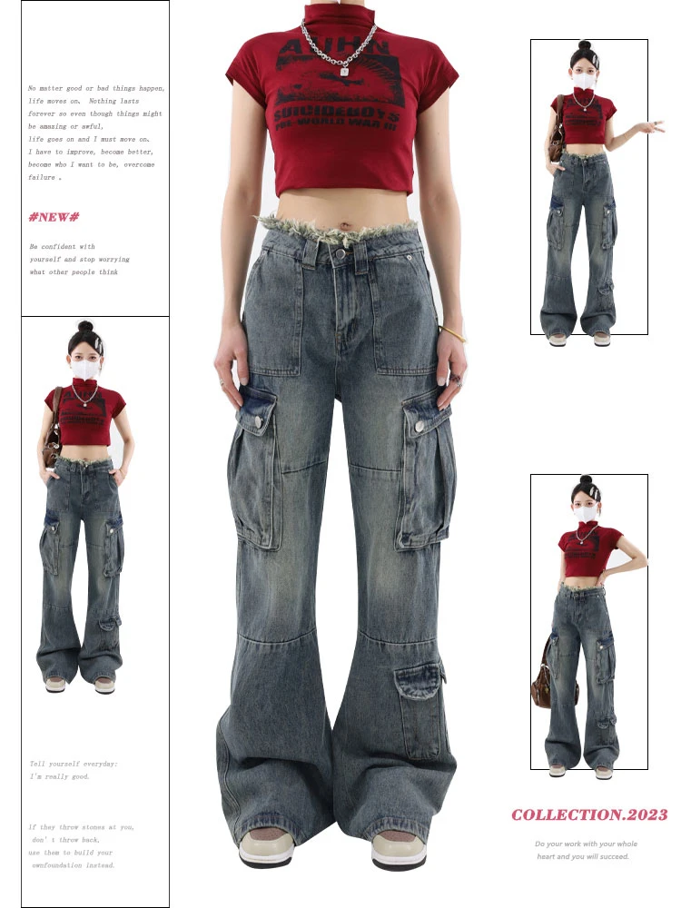 

Women Baggy Blue Cargo Jeans Vintage High Waist Cowboy Pants Harajuku Denim Trousers 90s Aesthetic Y2k Trashy 2000s Clothes 2024