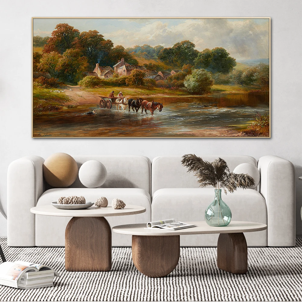 Cross a River 19th Century Landscape Classical Wall Art Canvas Painting Poster Print Mural Home Decor Items Illustration