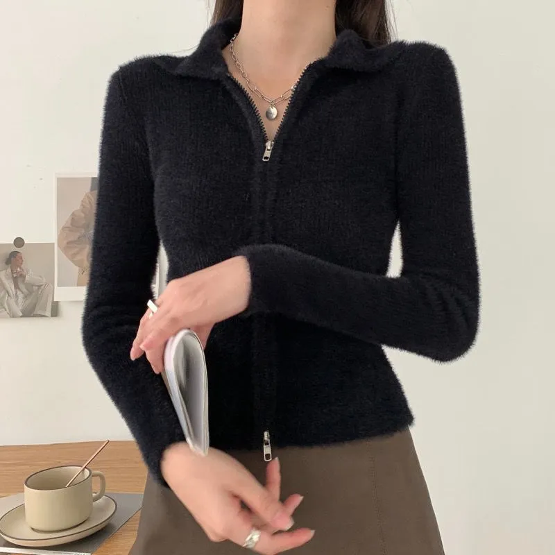 2023 Mink Fleece Kintted Cardigan Jackets Y2k Long Sleeve Harajuku Basic Zip Outwear Autumn Stretch Slim Women Casual Coat Tops