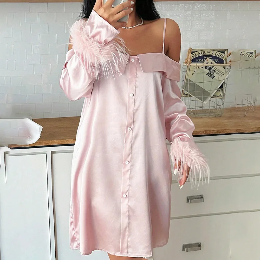 Fashion Women Off Shoulder Nightgown Sleepshirt Pink Silky Satin Long Sleeve Feather Nightdress Homewear Loose Casual Loungewear