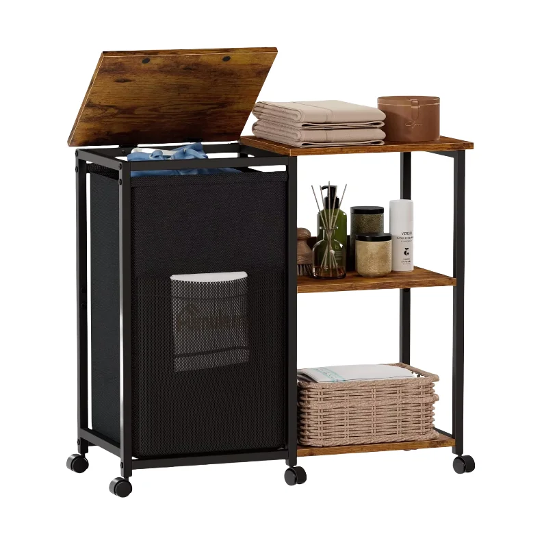 

Hot Selling 1x45L Double Laundry Hamper with Wheels Iron-Made Basket Organizer & Side Shelf for Bedroom Living Room Bathroom