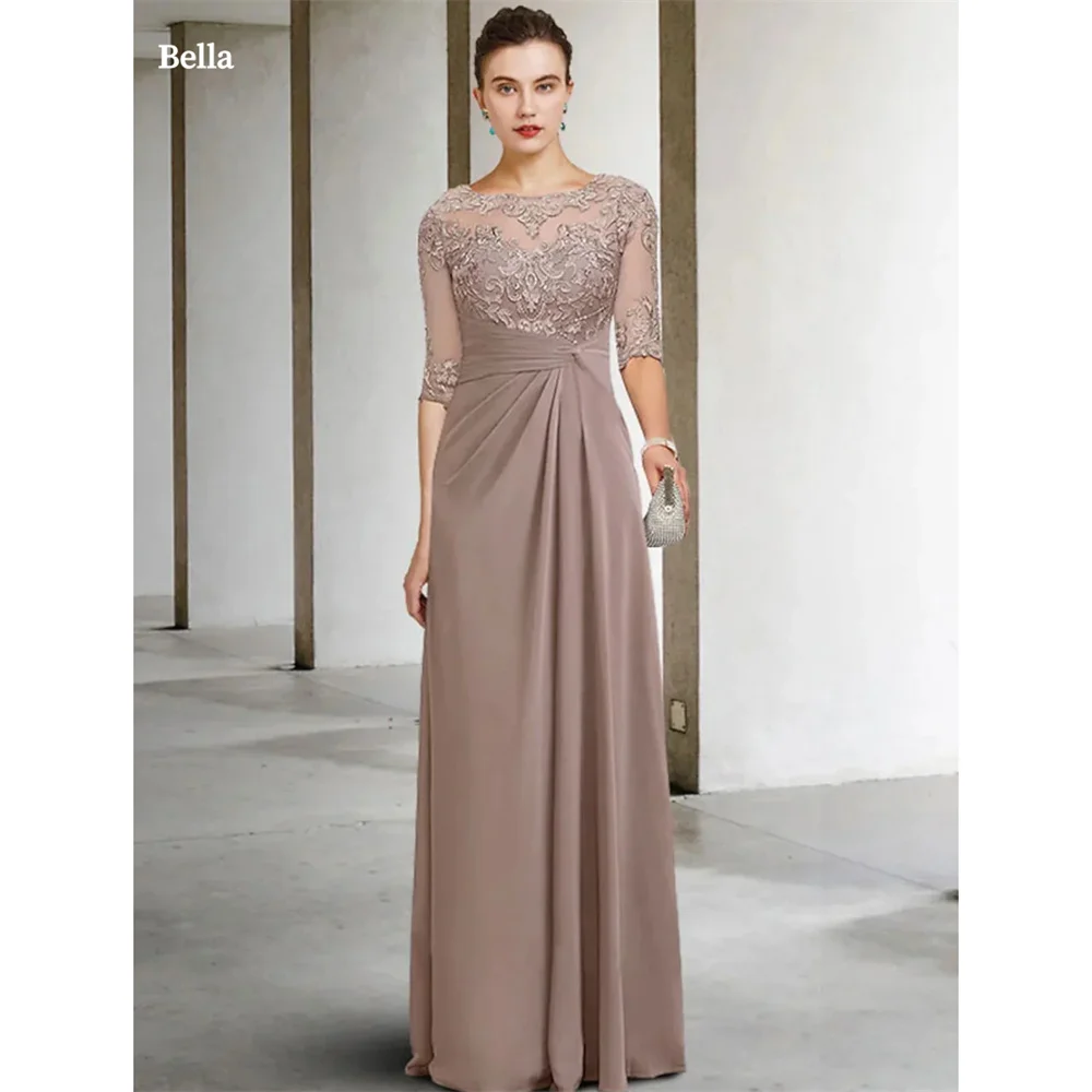 

Bella Illusion Chiffon Mother of Bride Dresses O-neck A-line Vestidos De Fiesta Elegant Half Sleeves Floor-length فساتين سهرة