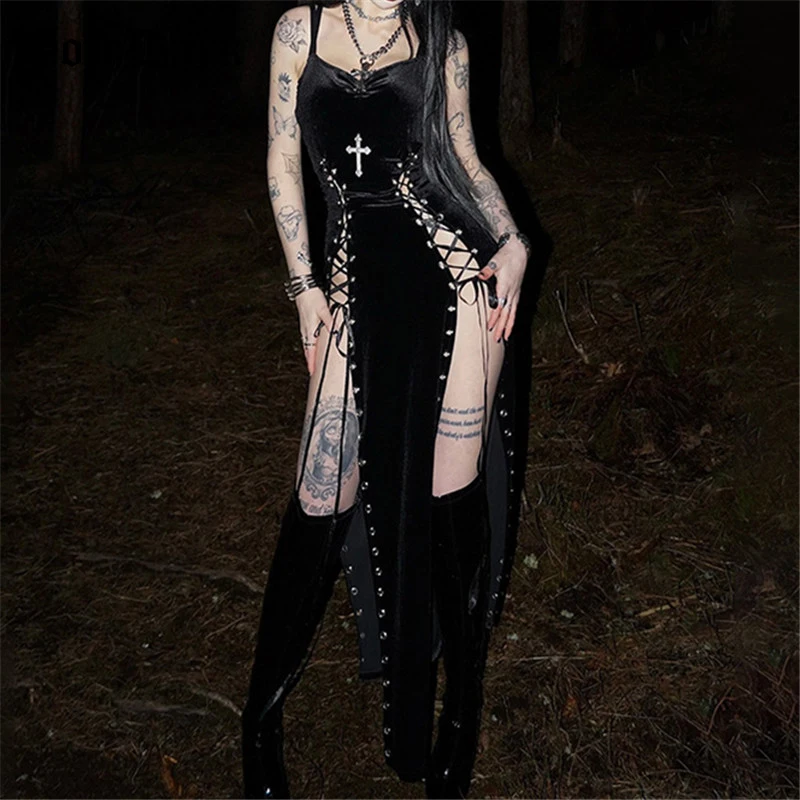 Vestido gótico de terciopelo con abertura alta y tirantes, estilo grunge oscuro de los 90, para mujer, sexy, de vestir, ropa gótica de moda