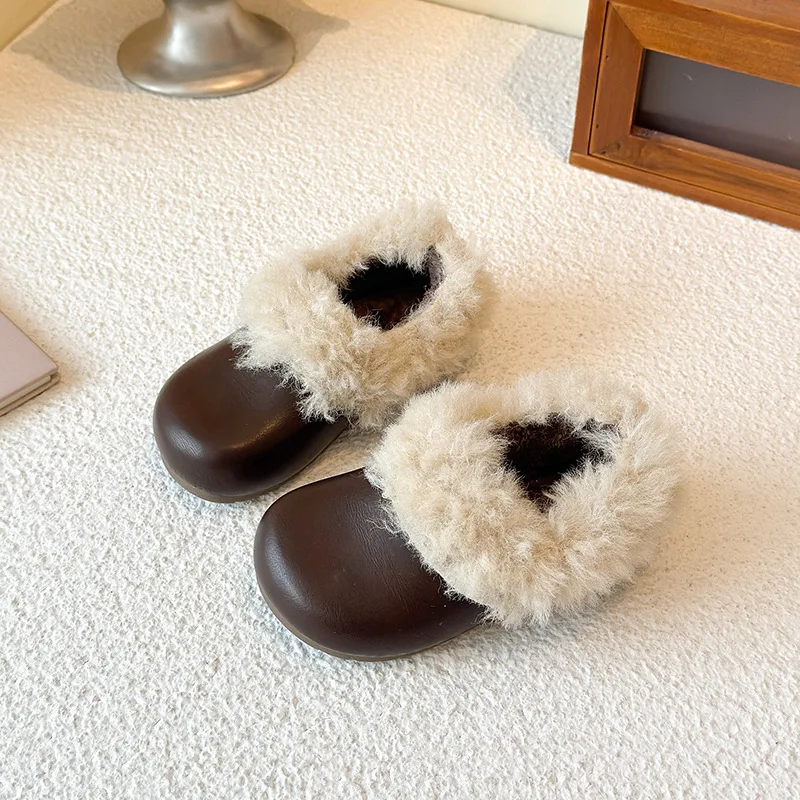 

Kids Casual Flat Shoes Round Toes Cute Girls Princess Shoes Pu Leather Soft 2025 Winter New Children Warm Shoes with Thick Fur