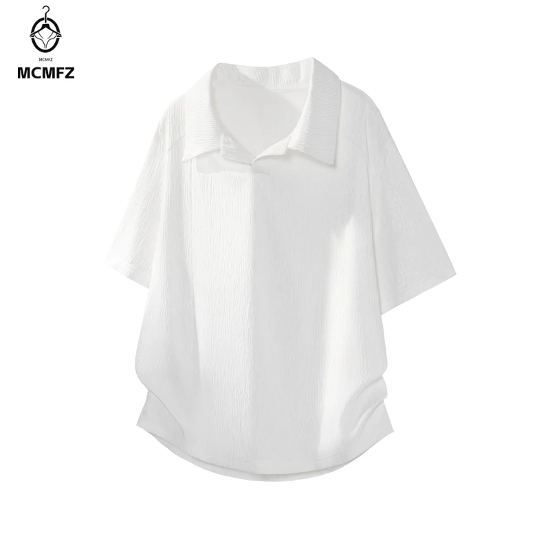 Men Lapel Open V Neck Short Sleeve Blouse Crinkled Surface Texture Curved Hem Relaxed Cut For Youth Casual Streetwear