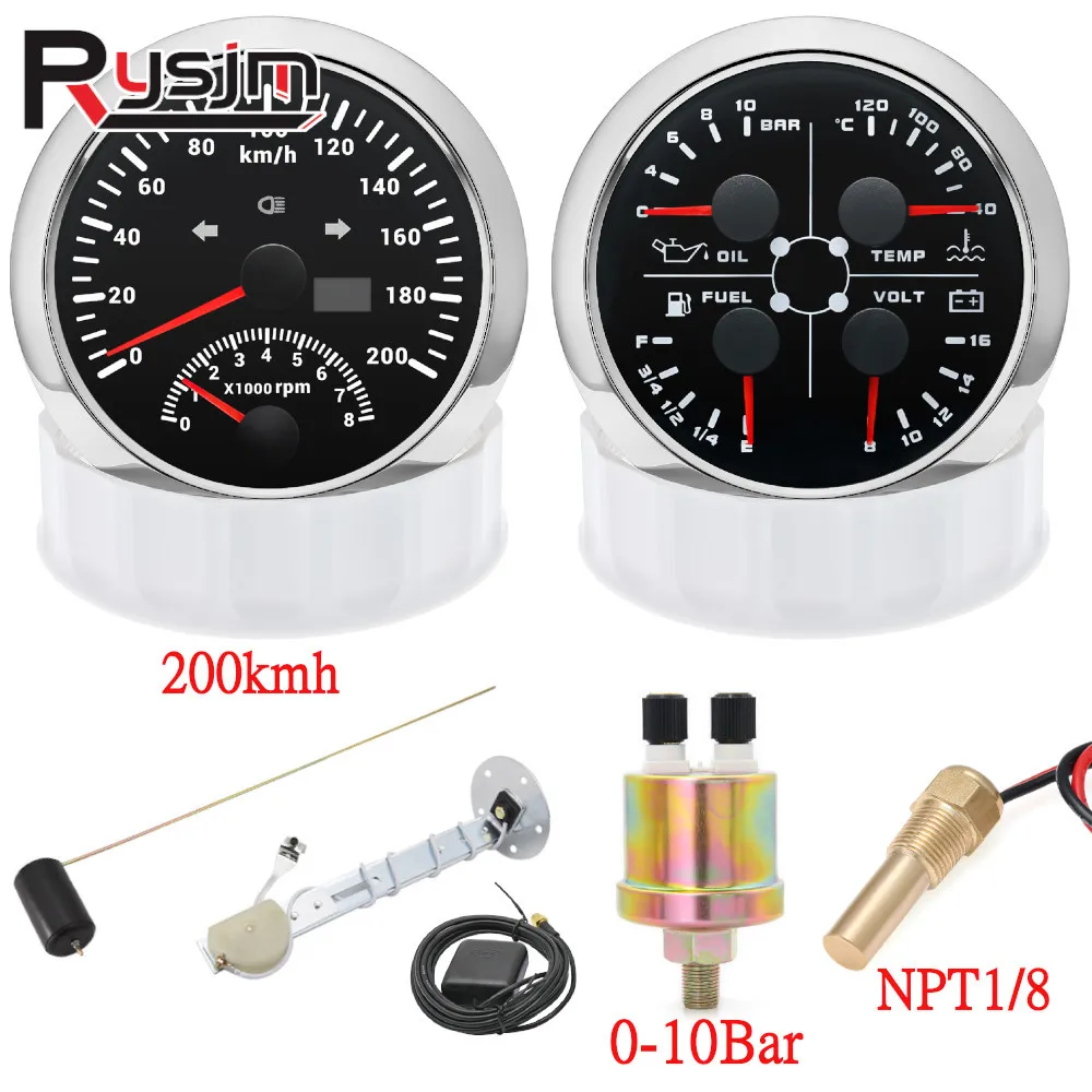 H 85mm Boat GPS Speedometer with Tachometer&4 in 1 Gauge 240-33ohm Fuel Gauge Water Temp Pressure with Sensor Red LED With Alarm