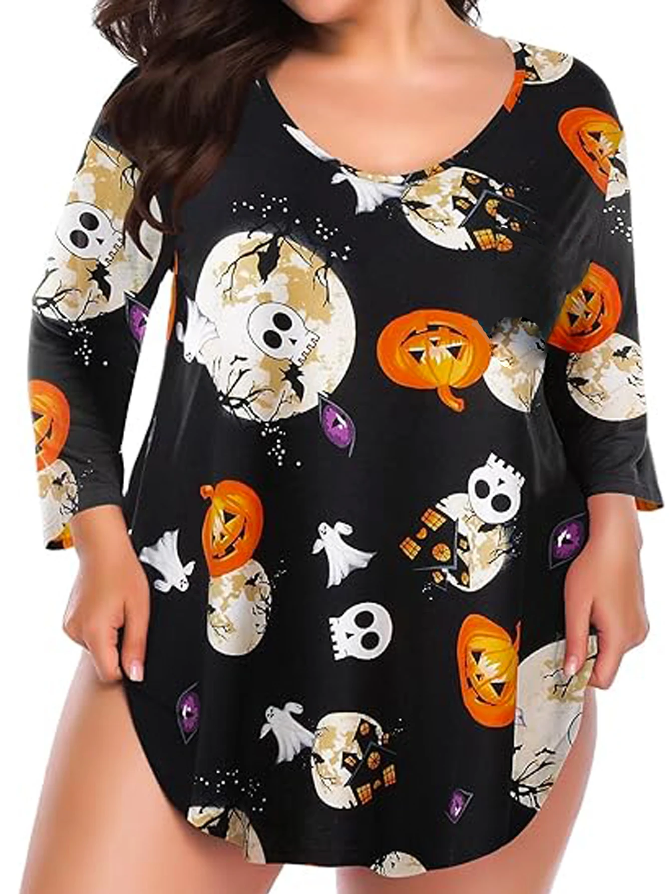 Plus size damska koszulka z nadrukiem dyni na Halloween, casualowa, jesienno-zimowa koszulka z okrągłym dekoltem i długim rękawem