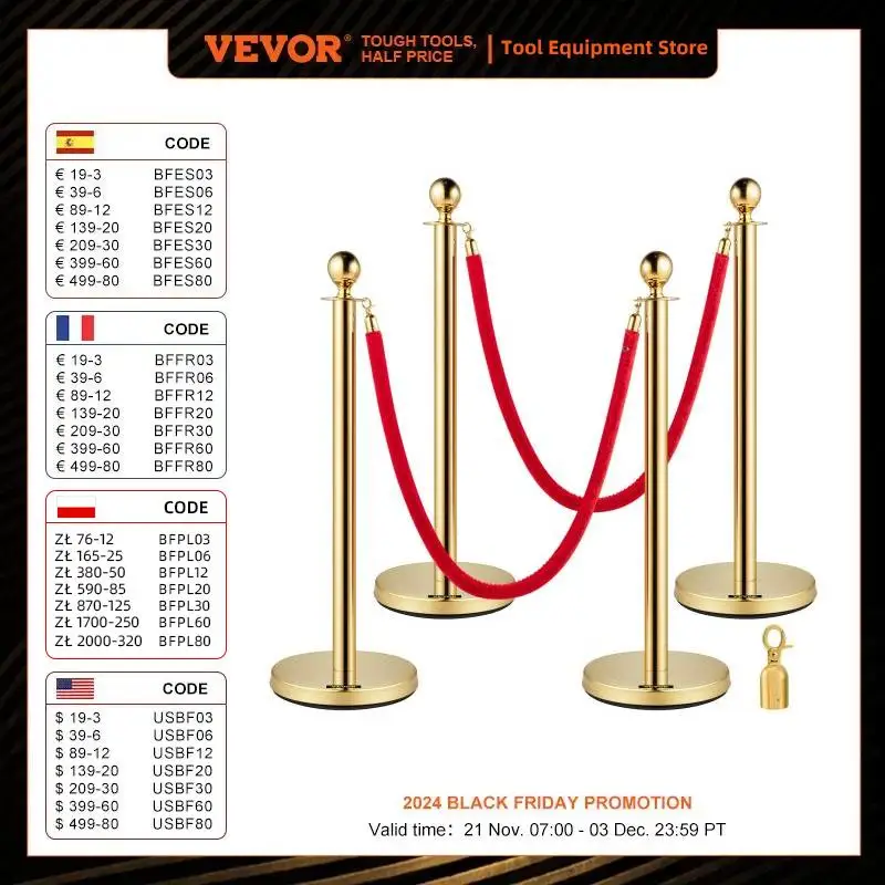 VEVOR Crowd Control Stanchion Set Queue Red Velvet Rope Crowd Control Line Barriers Stable Gold Stanchion Set for Party Supplies