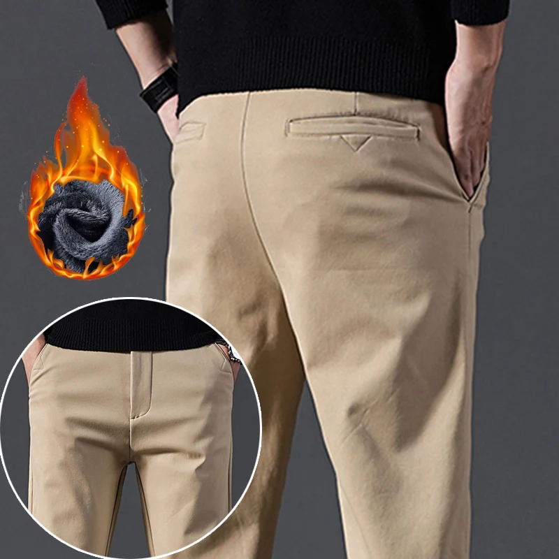 

Мужские плюшевые утепленные осенне-зимние повседневные брюки, мужские лаконичные облегающие брюки цвета хаки, королевские синие брюки, трендовые термостойкие молодежные деловые брюки