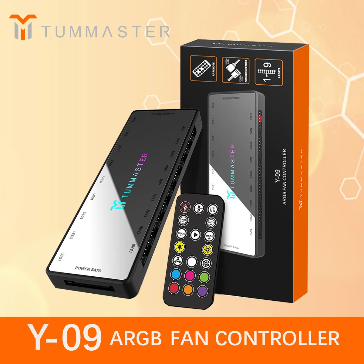 TUMMASTER ARGB Cooling Fan Controller For PC 9Port 4Pin&5V-3Pin PWN Fan Hub Magnetic Suction SATA Power Input RF Remote Lighting