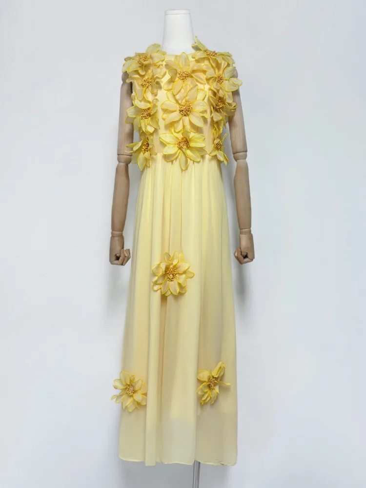 Qmqa moda feminina elegante estilo férias colete vestido em torno do pescoço cintura alta magro tridimensional floral vestidos elegantes qm761