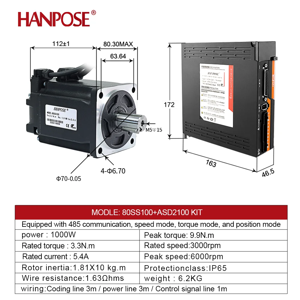 AC200-240 5.4A 3.3N.m 80SS100 ASD2100 Servo Driver+3M Encoder Cable Woodworking CNC Router 1000W ac Servo Motor drive Kit
