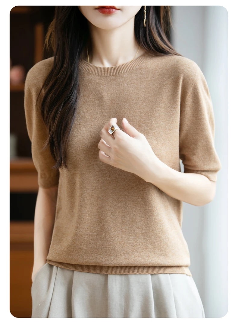 First-Line Ready-To-Wear Sweater Women's 100 Pure Wool Knitted Short-Sleeved T-Shirt Round Neck Thin Sweater Loose Half-Sleeve