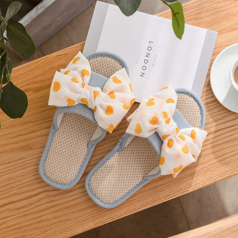 Home Linen Slippers Breathable Slippers Spring Summer Household Anti Slip Indoor Love Bowknot Slides Flat Soft Sole Women Shoes