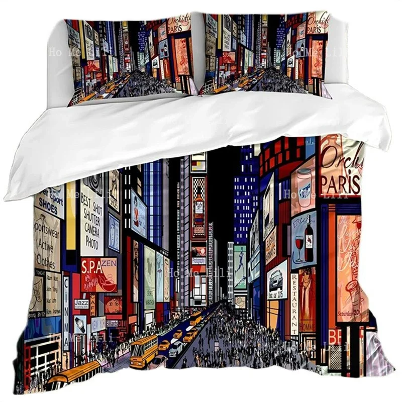 

Городные Штаты пододеяльник красочный центр в центре Нью-Йорк иллюстрация комикс арт-стиль Бродвей комплект постельного белья с наволочкой