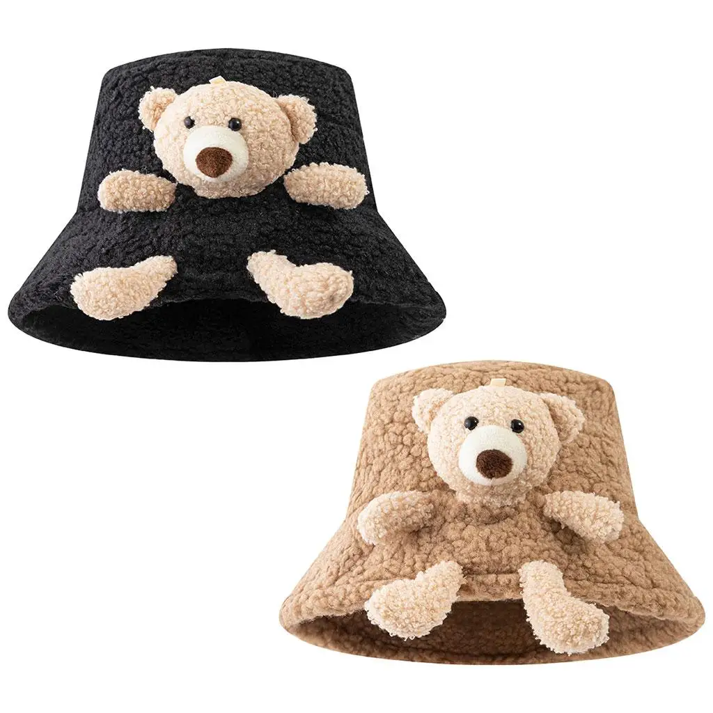 Women Warm Bucket Hat 3D Stuffed Outdoor Teddy Bear Wide Brim Cute Plush