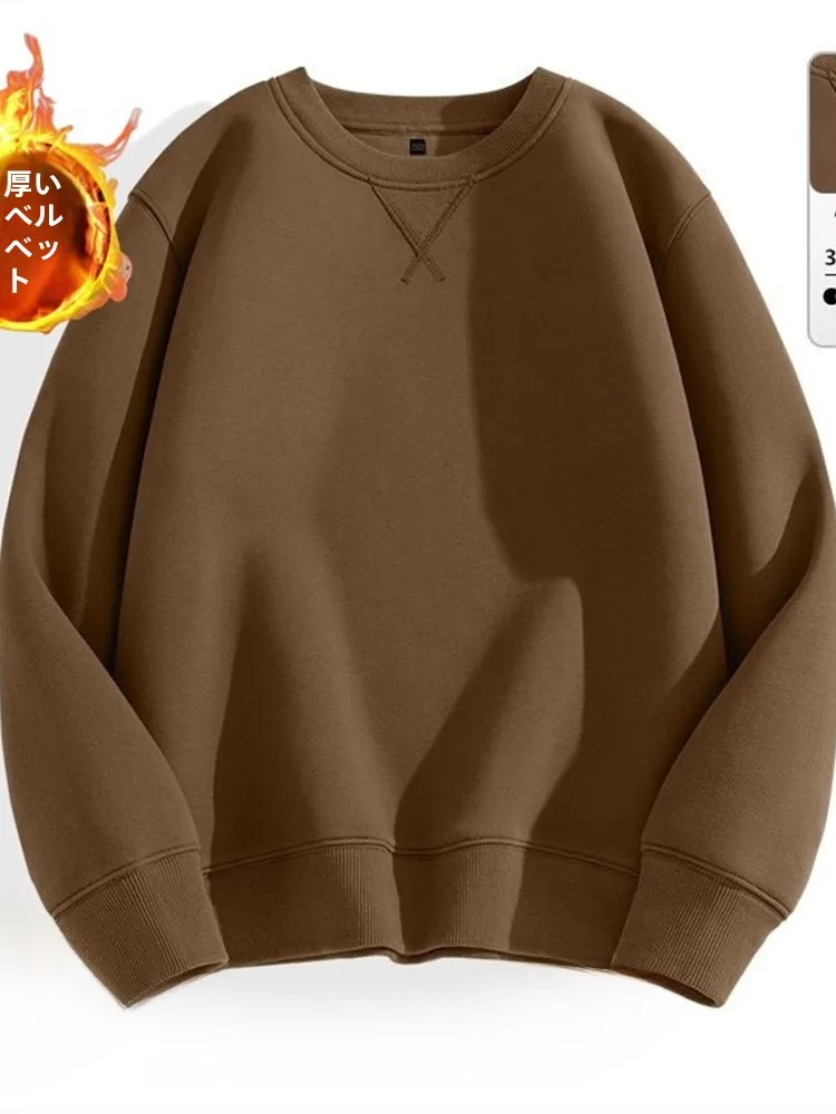 ルーズフィットソリッドカラーフードレススウェットシャツメンズ逆三角形ラウンドネック長袖オーバーヘッドベースシャツ秋冬