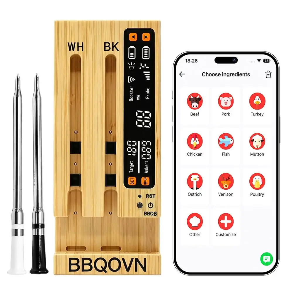 Sub-1G Wireless Meat Thermometer Range 7 NIST Certified Sensors with Ambient Temp 2 Temp Monitoring Ways Digital Smart Base and