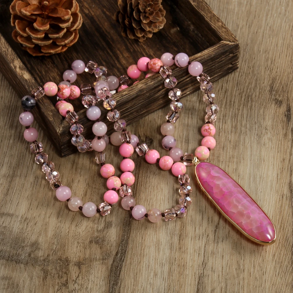 New Fashionable Bohemian Vacation Style 8mm Natural Stone Glass Knot Necklace Long Oval Agate Pendant Necklace Sweater Chain