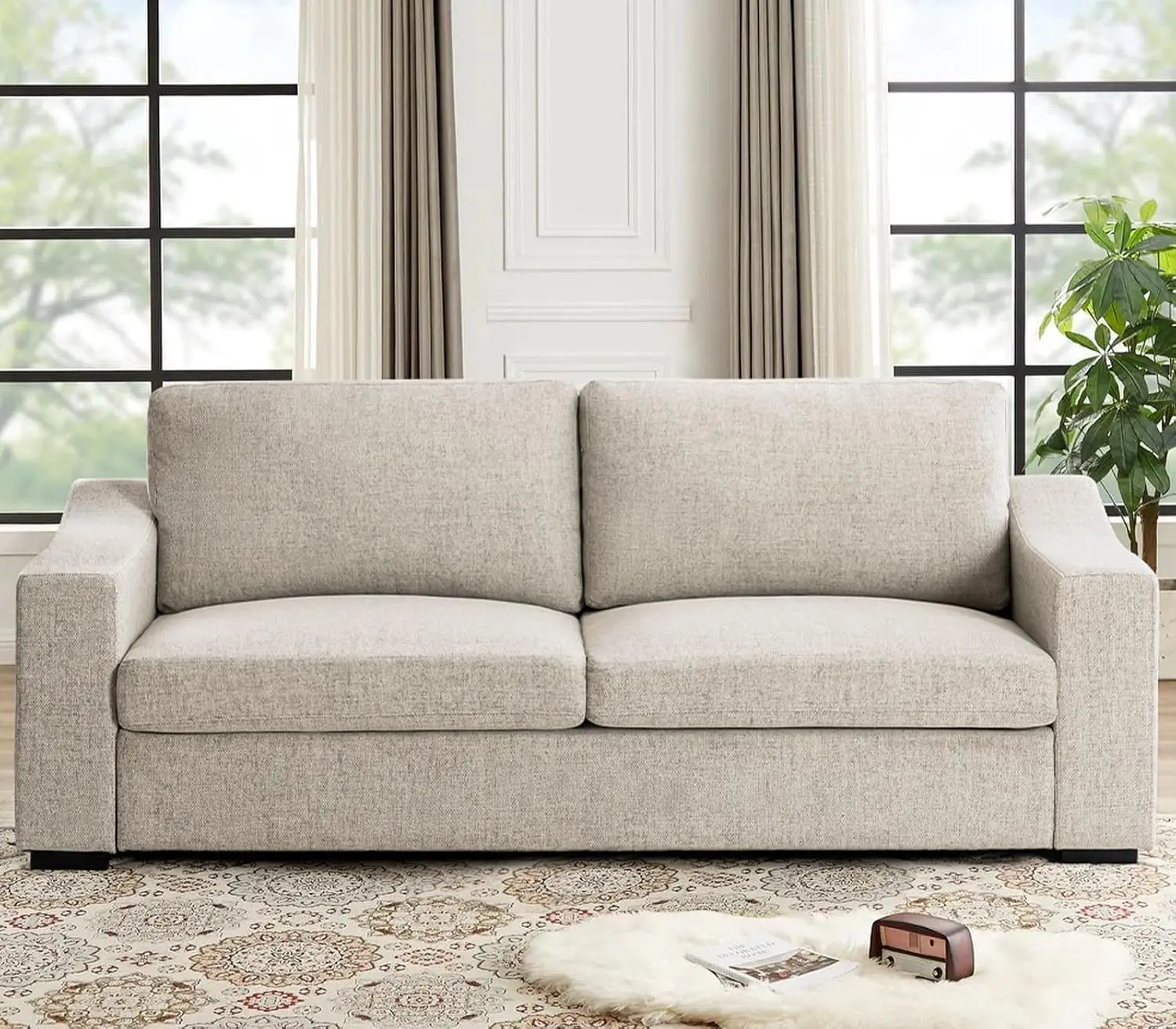 Deep Seat Sofa, Modern 3 Seater Natural Linen Couch with Detachable Cover for Living Room, Oatmeal, Customized