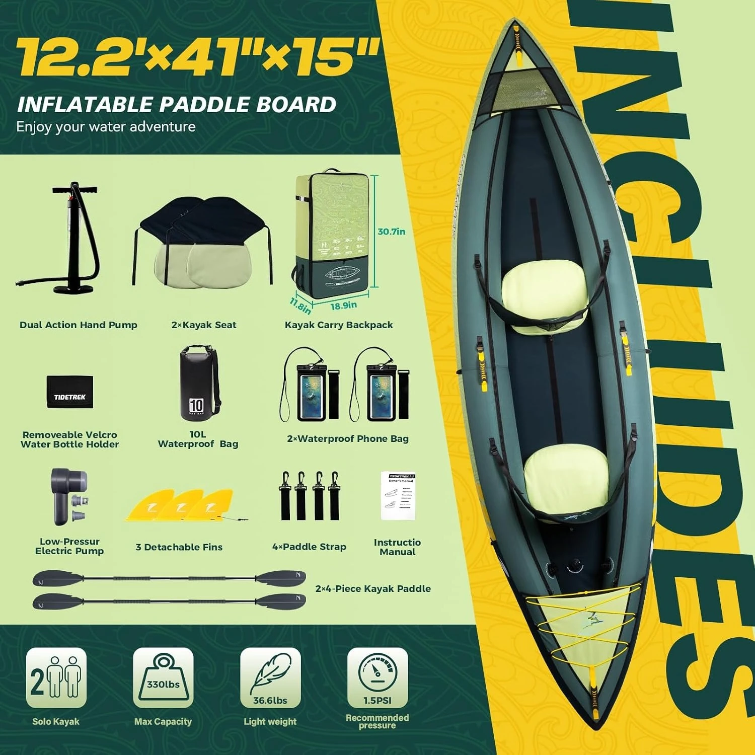 Inflatable Touring Kayak 1-Person & 2-Person with Waterproof Seat & Full Accessory Kit, Lightweight Recreational, Customized