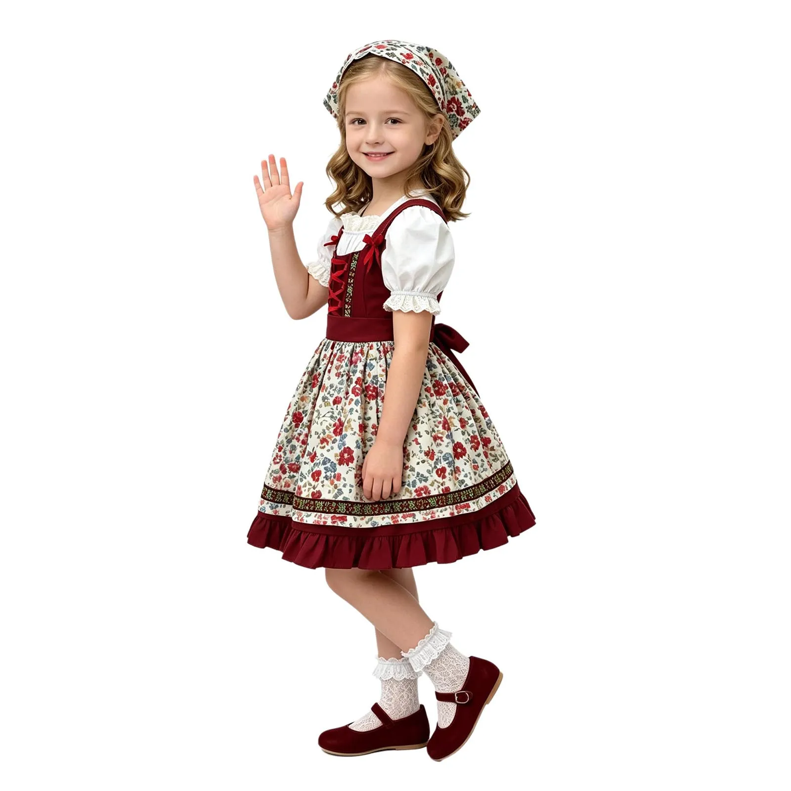 Kids Girls Bavarian Oktoberfest Costume Short Sleeve Pastoral Style Dress with Floral Apron Headscarf Bow Ribbon for Carnival