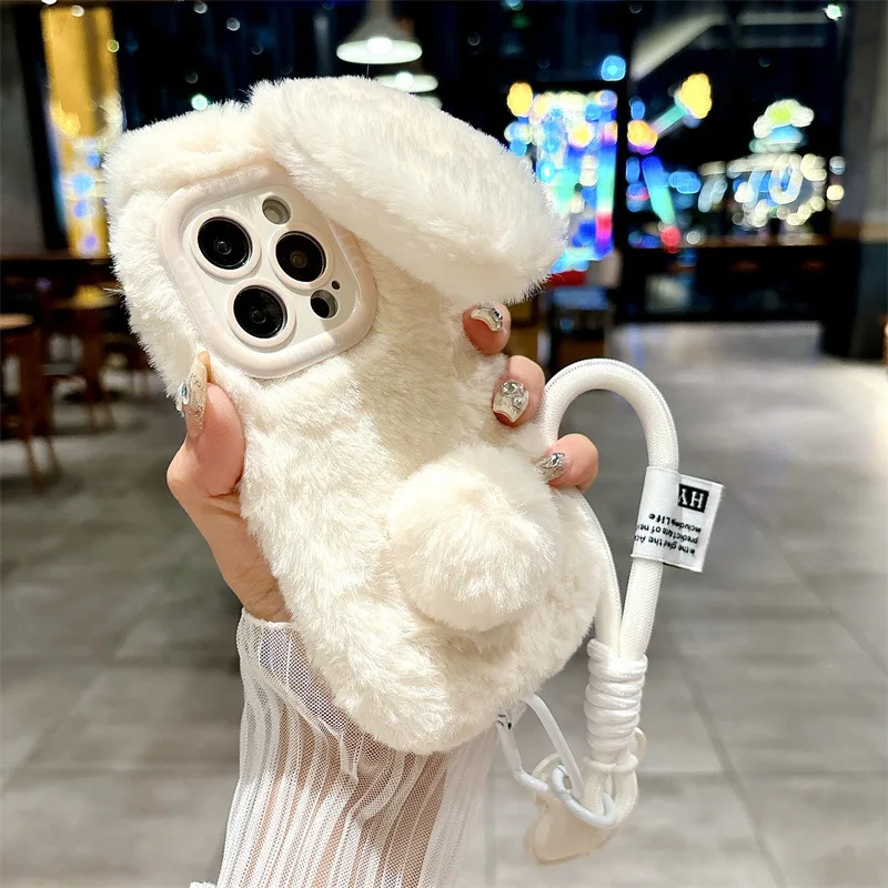 3D Cute Cartoon Rabbit Ears Warm Furry Plush Bunny Phone Case With Lanyard For iPhone 15 14 13 12 11 16 Pro Max Shockproof Cover view 2